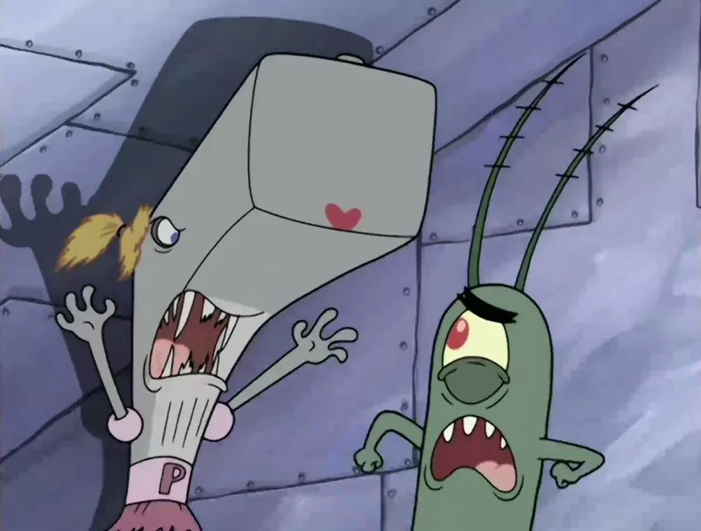 Plankton from Spongebob looking scared with a whale behind him